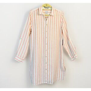 NWT Linen Button Shirt Dress Chicos 2/12 Peach Pink White Shimmer Stripe No Iron